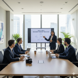 A team discussing how to start a management consultancy firm in Dubai